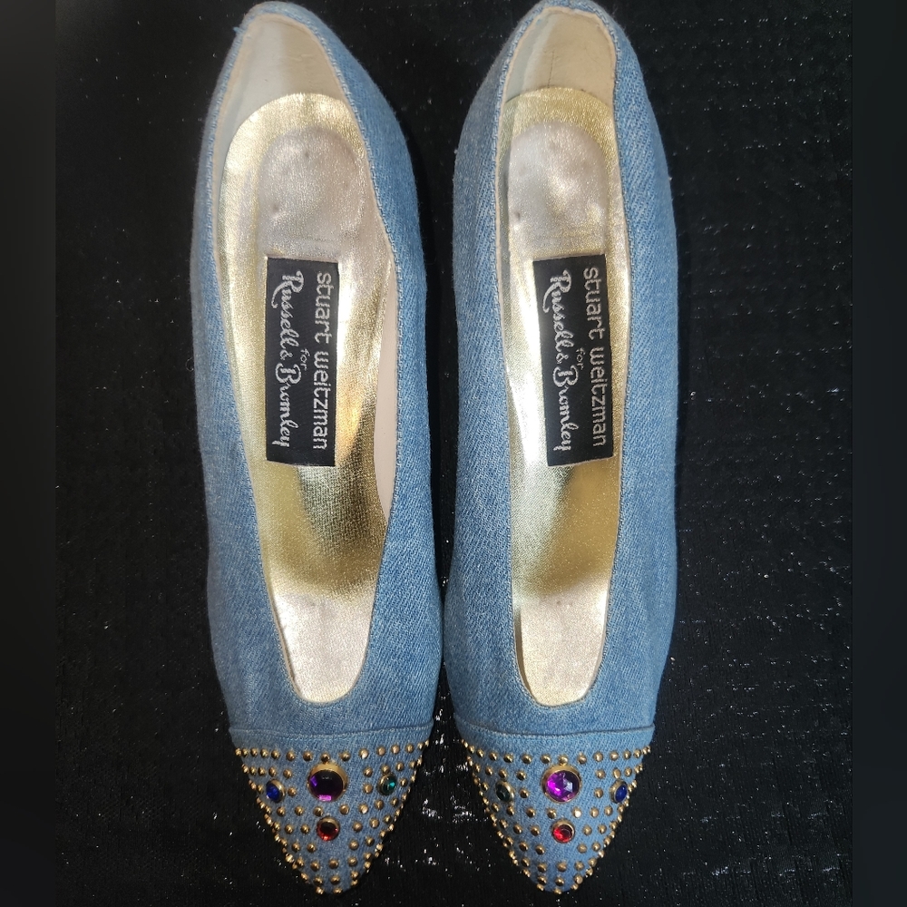 Vintage Stuart Weitzman for Russell & Bromley Denim Studded/Jeweled Heels, W 6.5